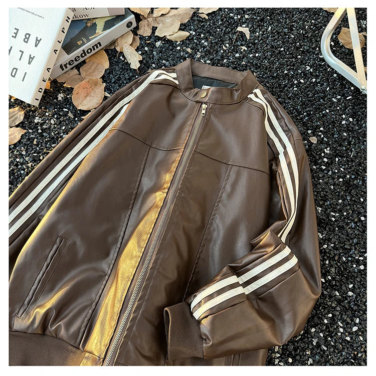 Men's Brown Leather Jacket American Retro Patchwork Striped Outerwear Youthful Style Summer Biker Coat Long Sleeve Zipper Clo...