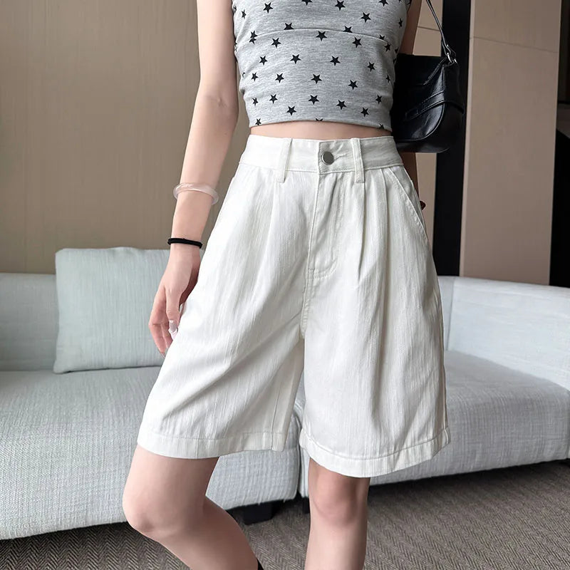 Y2K Retro Loose Casual Middle Short Jeans Summer New Women's Korean Denim Five Points Pants Ladies Fashion All Match Baggy Jeans