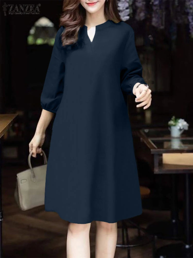 2025 ZANZEA Fashion Women V Neck 3/4 Sleeve Dress Autumn Sundress Elegant Solid OL Work Dresses Casual A Line Loose Vestido Robe