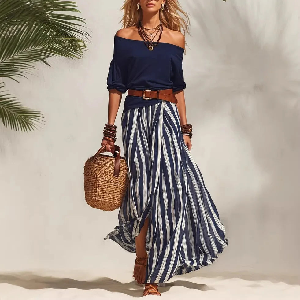 Women Multiple Colors Off Shoulder Puff Sleeve Top Vertical Stripe Flowy Maxi Skirt 2 Piece Outfit Loose Casual Vacation Set