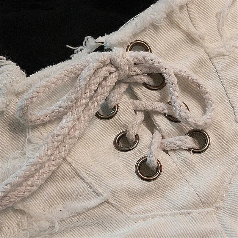 Women Side Zipper Splice Denim Shorts Lace-up Open Crotch Ultra-short Trousers Casual Three Quarter Pants Female Sexy Streetwear