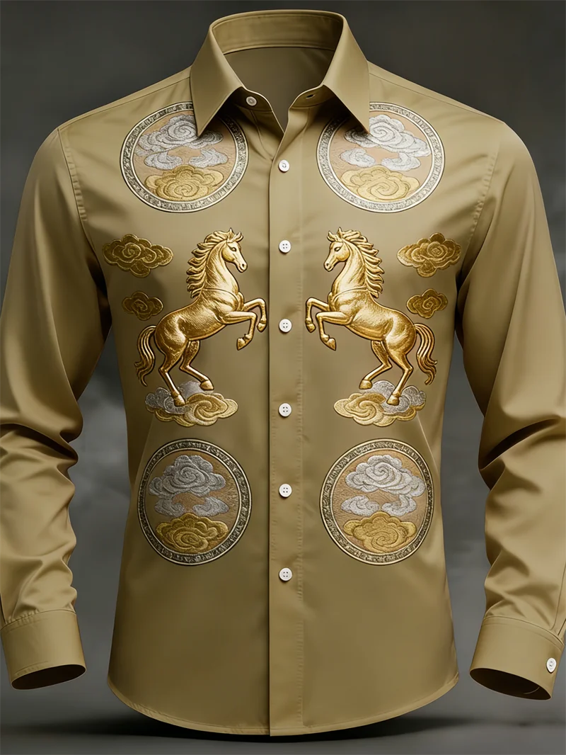 New Men's Long Sleeved Shirt Casual Button Lapel 3D Printed Horse Pattern Luxurious Men's Top Soft and Comfortable