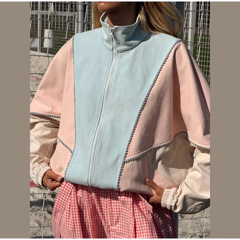 Polka Dot Cropped Windbreaker Jacket, Contrast Pink Seam Piping Side Pockets Loose Outerwear 2026 Autumn Street Daily Lady Coat
