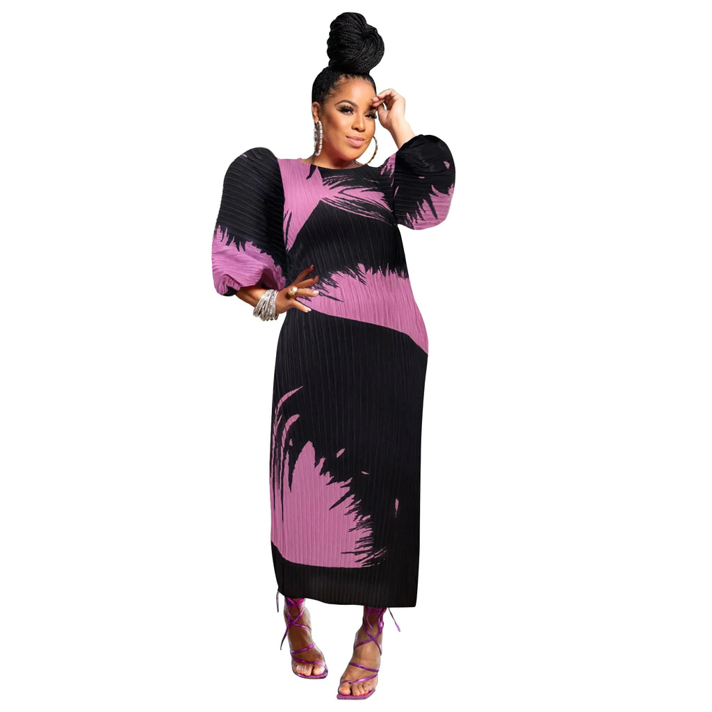 Elegant Women Pleated Half Lantern Sleeve O-neck Slim Maxi Long Dress Print Fashion Autumn 2025 Ruched Dresses Vestidos
