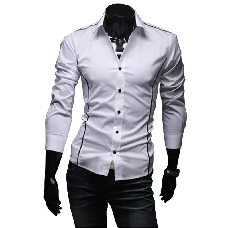 Mens Stripes Shirts Long Sleeved Slim White Social Shirts Casual Male Clothes Business Camisa Masculina Chemise Christmas Shirt