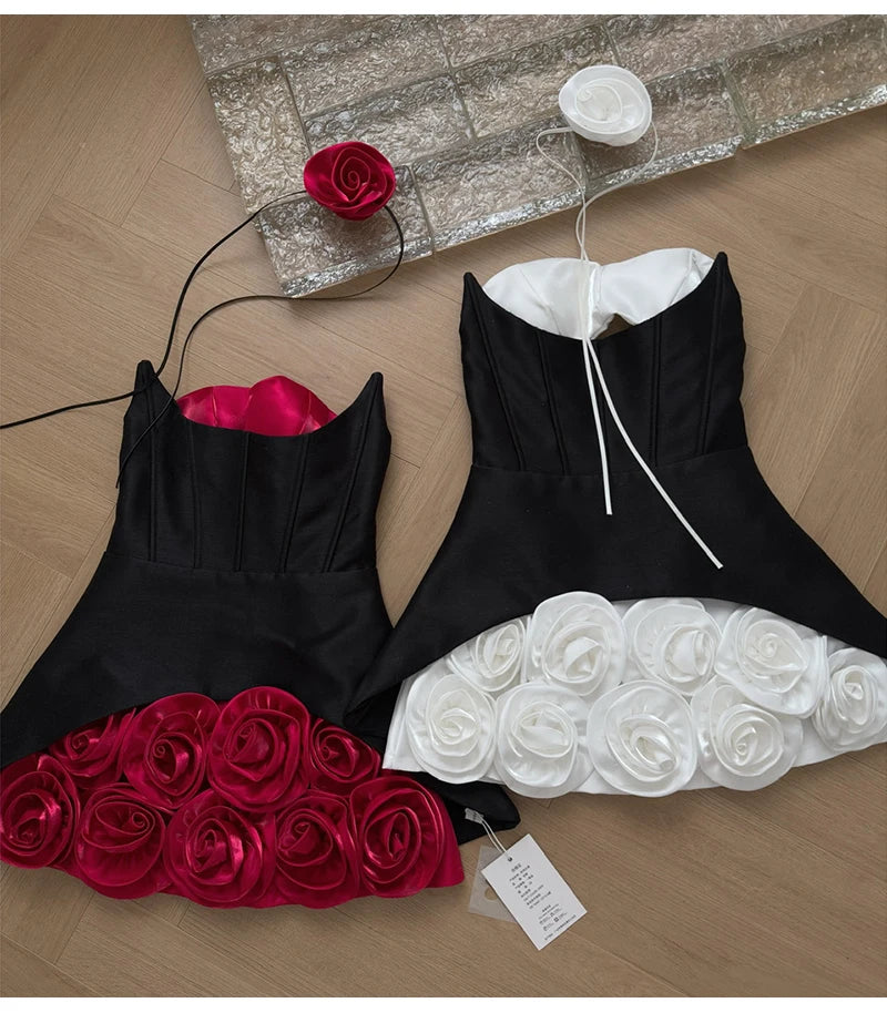 Women's Sweet Slash Neck Sleeveless Slim Waist Short Mini Dress French Retro 3D Rose Birthday Dress Spicy Girl Floral Bud Dress