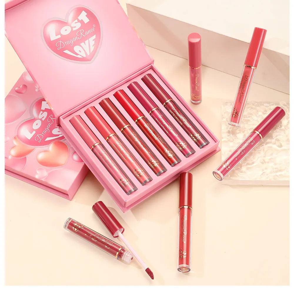 Set of Six Lip Glazes, Matte and Fine Texture, Easy to Apply, Non-Stick, Waterproof and Sweat-Proof, Versatile for Daily Use, Lip Gloss and Lipstick Set