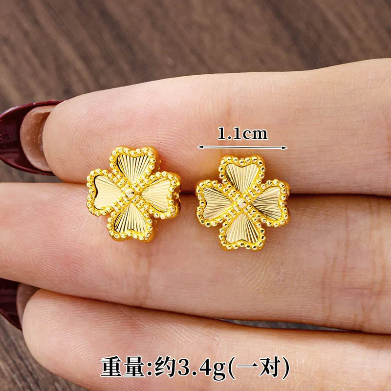 Luxury 24K 9999 Pure Gold real gold Women's Simple Style Lucky Grass Bracelet Flower Necklace Earrings Set