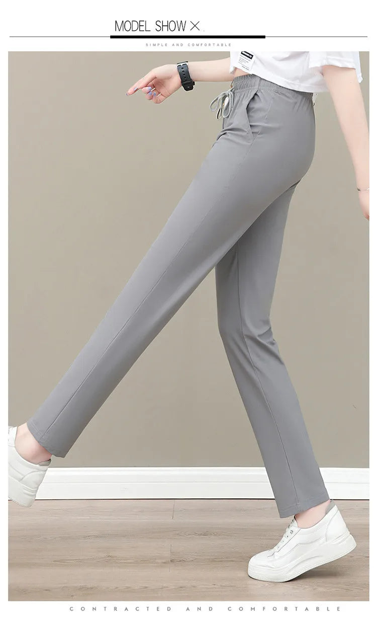 New Women'S Fashion Loose Summer Thin Ice Silk Pants Mom'S Casual High Waist Comfortable Versatile Sports 9-Point Trousers