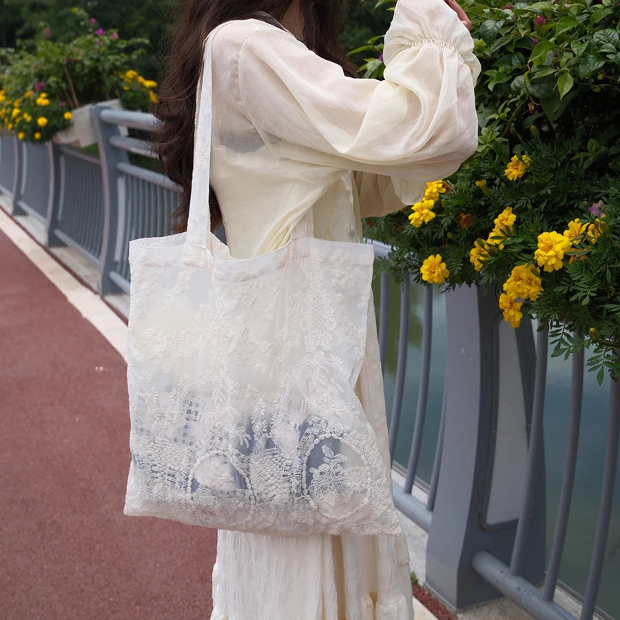 French Retro Chinese Style Lace Embroidery Organza Handbag Portable Shopping Daily Storage Bag For Women Daily Casual Use