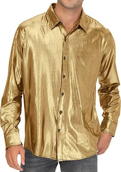 Metallic Shiny Polyester Dress Shirts for Men Black Solid Gold Red Silver Long Sleeve Turn Down Collar Prom Disco Men's Shirt