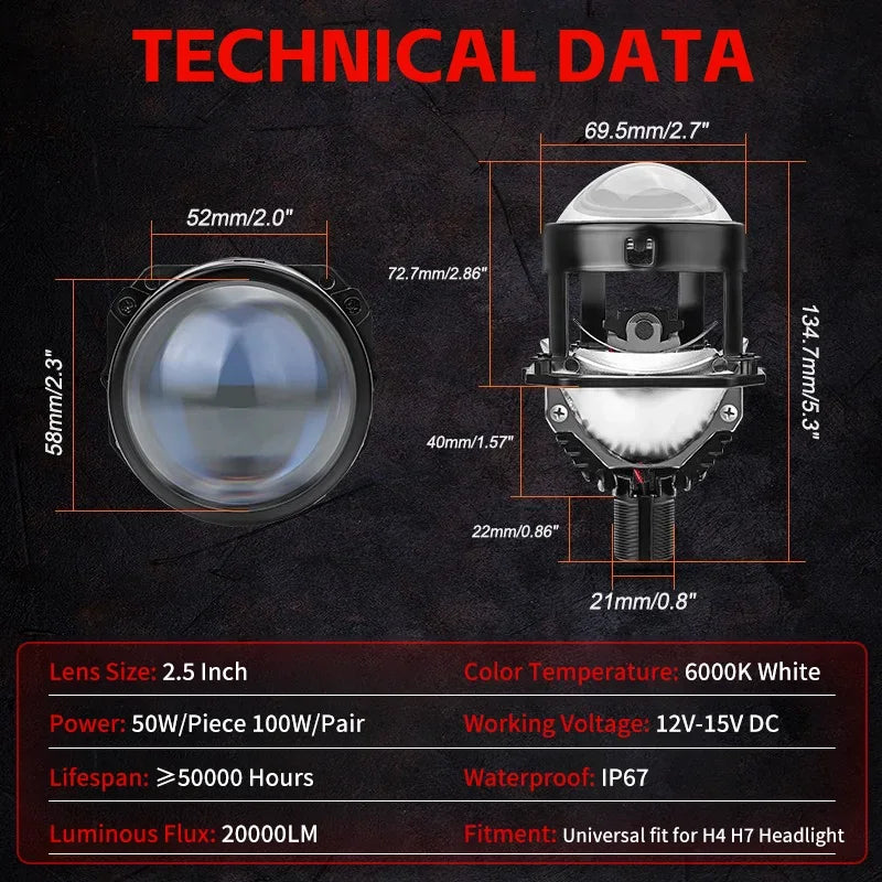 2.5 Inch 100W Bi-Led Projector Lens Led Light For H4 H7 9005 9006 Car Headlight Bulbs High Low Beam 6000K Diodes Turbo H7 Tuning