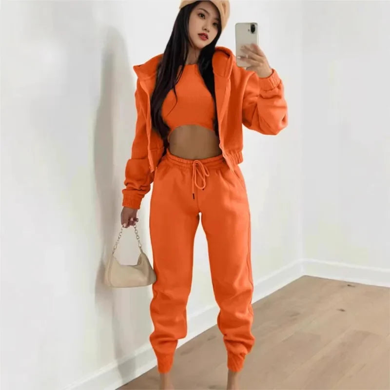 Women's 3 Piece Sets Suit Casual Long Sleeve Zip Hoodies Tank High Waist Sweatpants Jogger Pant Suits Sporty Three Pieces Outfit