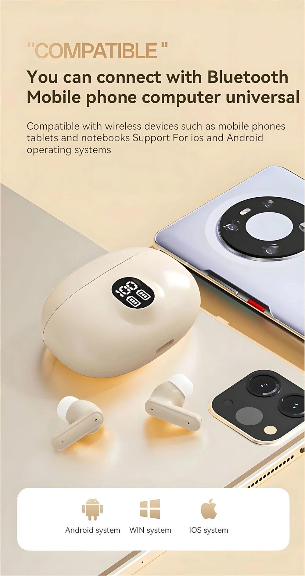 LED Digital Display Bluetooth Earphone Wireless Headset In-ear Mega Bass 9D Surround Sound Game Low-delay HD Call For iPhone