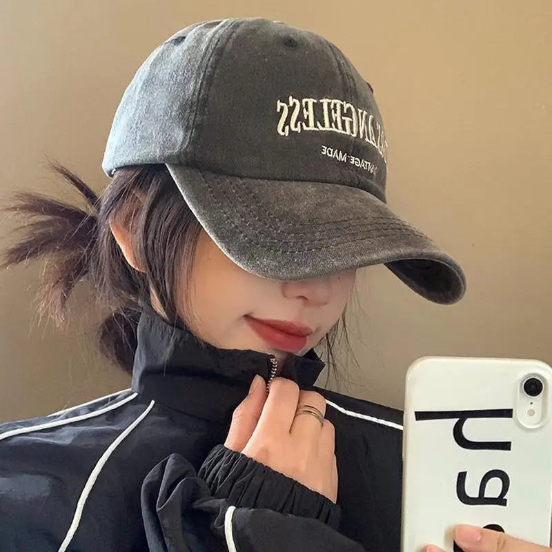 Retro Baseball Cap For Women Summer Washed Denim Letter Sun Hat Wide Brim Fashionable Duckbill Cap