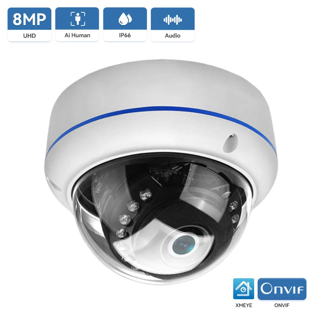 4K 8MP Ultra HD IP Camera Vandal-proof Waterproof Outdoor Dome Camera Nightvision nternal Audio Remote Access Xmeye Cloud H.265