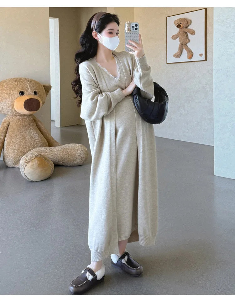 Maternity Suit  Autumn High-End Lazy Style Versatile Long Coat And Lace Paneled V Neck Straight Tank Dress Two Piece Set