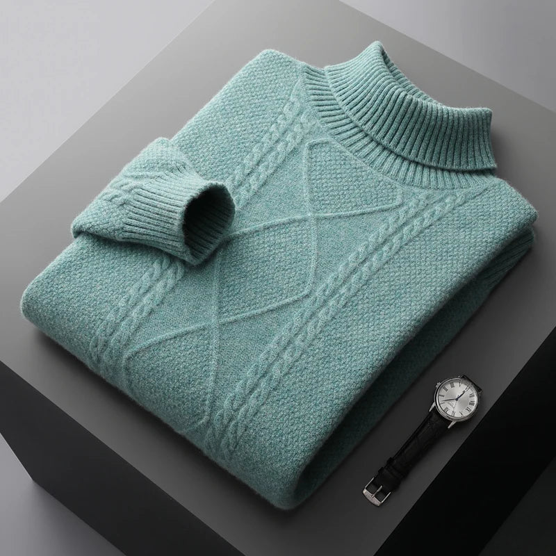 2025 Winter Turtleneck 100% Merino Wool Knitted Sweater Men's Lapel Jacquard Thicken Pullovers Fashion Loose High-End Base Shirt