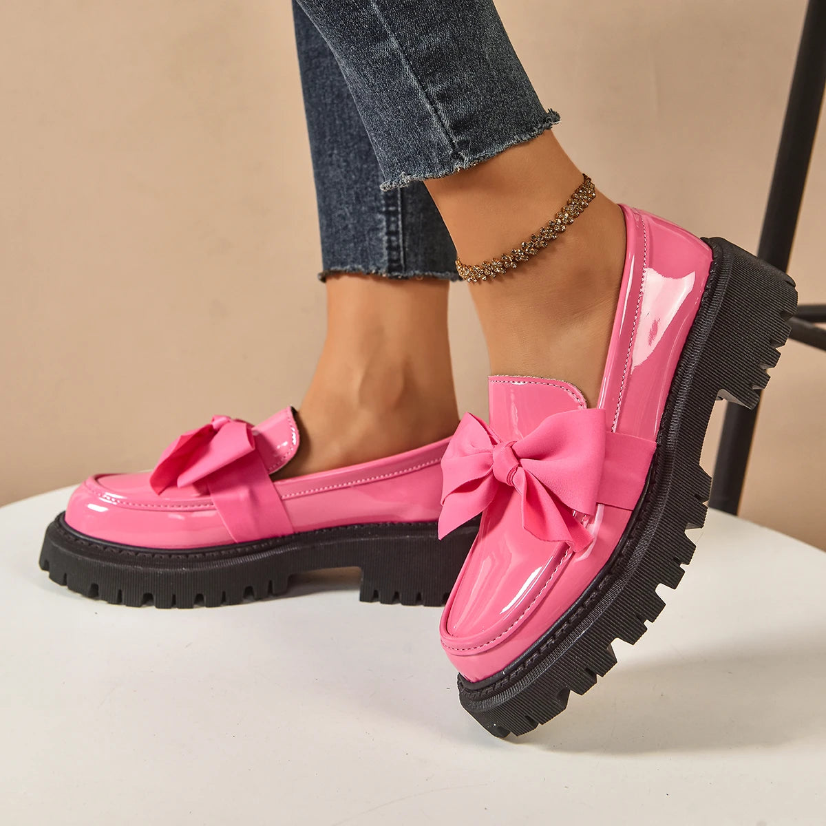 Women's British Style Loafers bowknot Chunky Heel Leather Flats Autumn Slip-On Shoes Versatile Work Shoes Platform Oxford 636