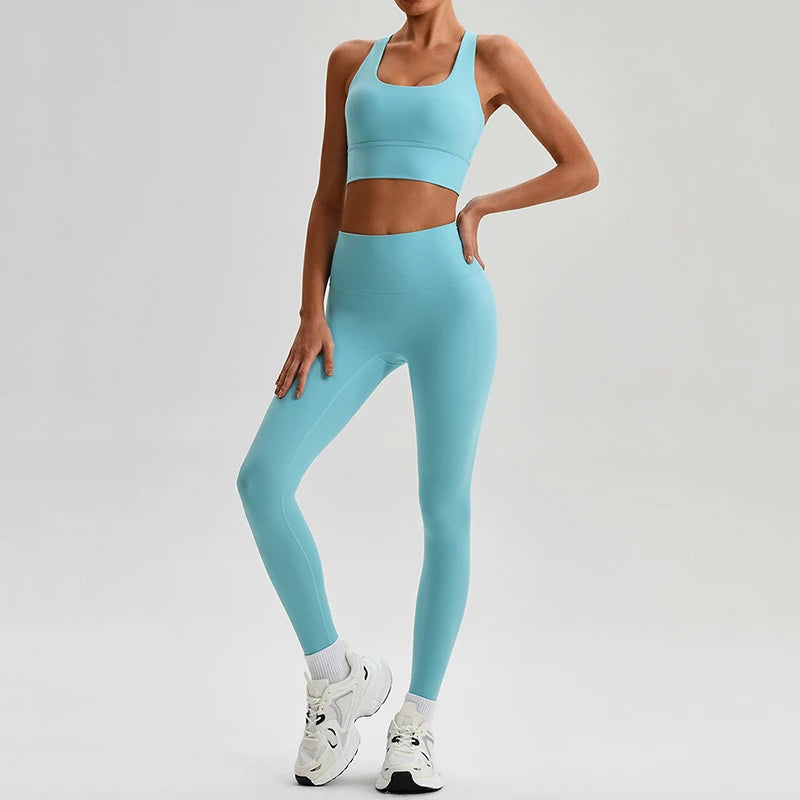 Naked Feel Yoga Set Women Fitness Sportswear 2 Piece Strappy Sports Bra High Waist Gym Leggings Workout Outfit Active Wear