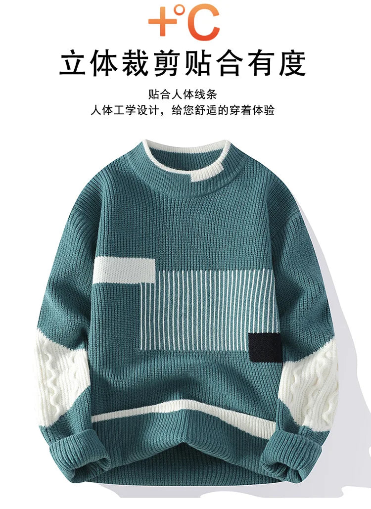 New Men's Mock Neck Knitted Sweaters Fashion Patchwork Knitting Pullovers Autumn Winter Daily Casual Warm Pullover Sweaters Male