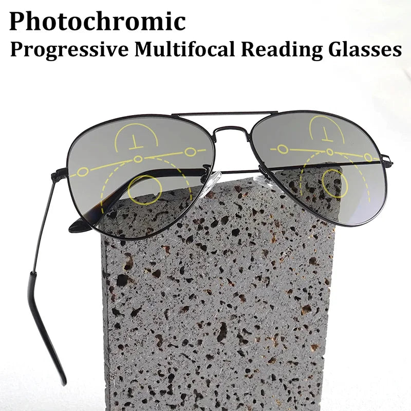 Sports Intelligent Photochromic Progressive Multifocal Reading Glasses Men Luxury Finished Near Far Sight Sunglasses 1.0-4.0