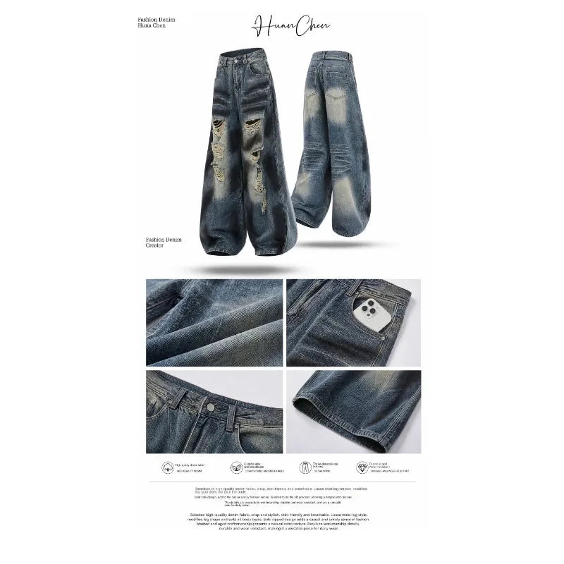 Women Summer Autumn Ripped Wide Leg Floor Length Jeans American Vintage Loose Slim Fit Design Casual Long Denim Trousers