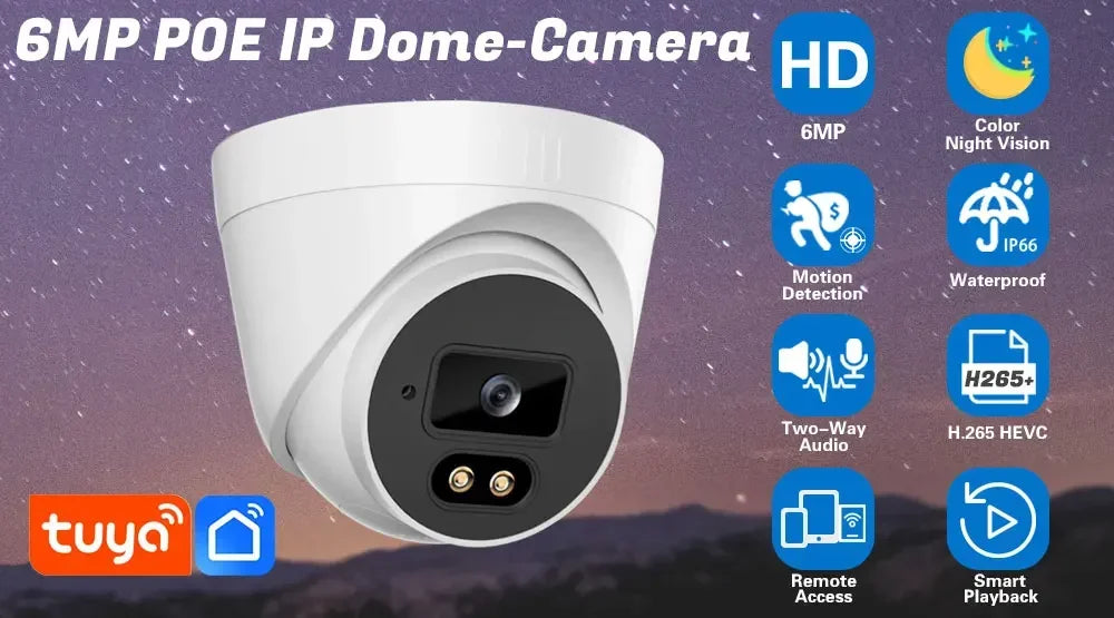 6MP POE Camera 6MP Outdoor Smart HD Video Surveillance CCTV Cameras H.265 Home Security IP Dome-Camera Motion Detection Tuya app