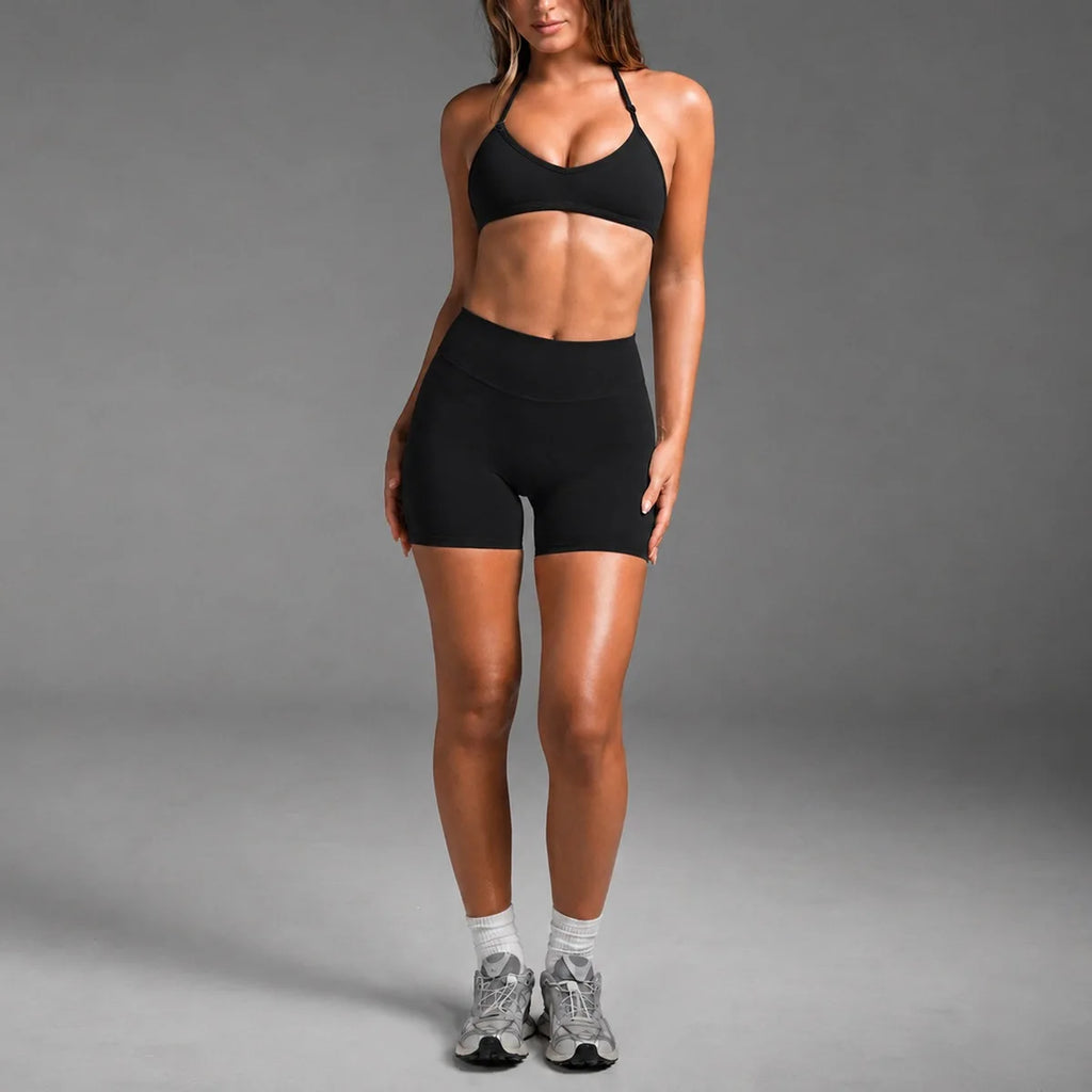 2PCS Women Yoga Set Solid Color Beautiful Back Hanging Neck Bra with Chest Pad Quick-Dry Fitness Running Shorts Yoga Set