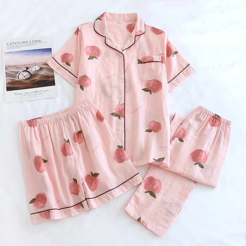 Three-piece Japanese-style pajamas women spring and summer autumn 100% cotton gauze short-sleeved shorts trousers summer suit ho