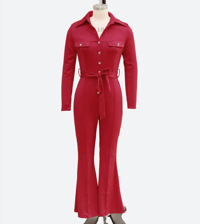 Women's Autumn Winter Elegant Turn Collar Long-Sleeve Shirt Jumpsuit Rompers