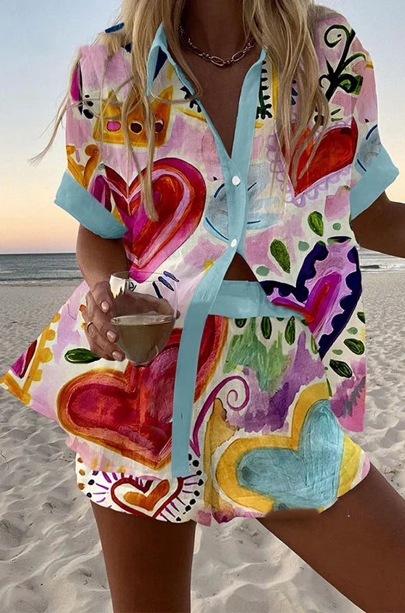 Women Summer Fashion Shorts Sets Retro Print Sleeve Shirt Shorts Suit New Casual Loose Female Beach Vacation Shorts 2 Piece Set