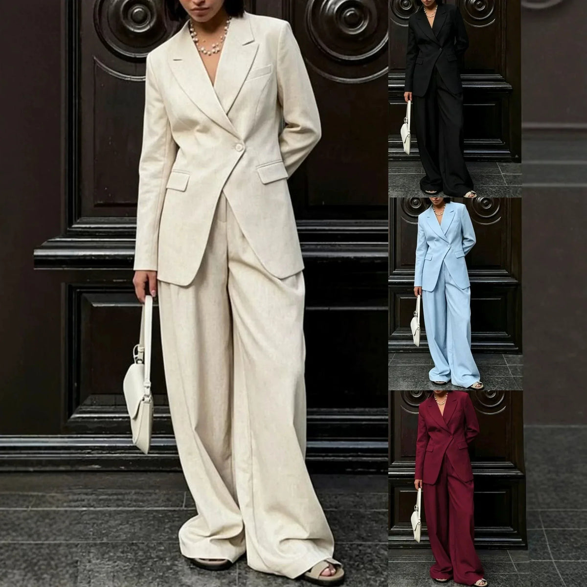 Women Beige Linen Lapel Blazer Wide Leg Pants Suit Notched Collar Straight Cuff Outfit 2026 Office Commute Elegant Street Sets