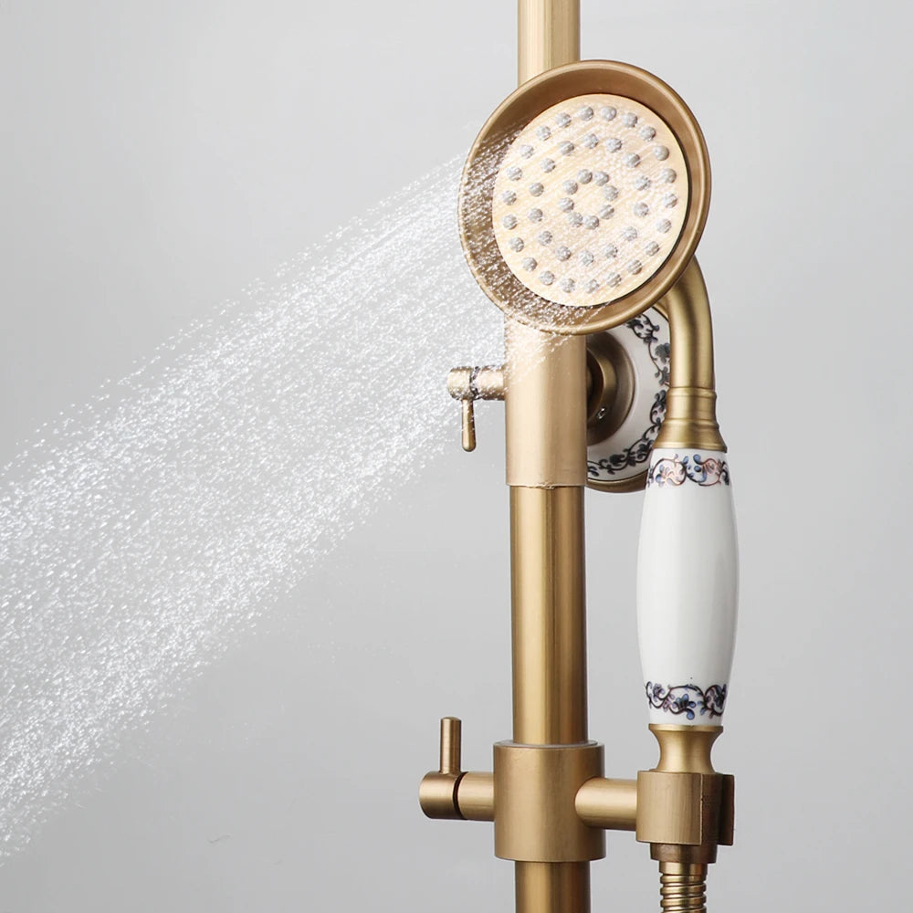 JIENI Bathroom Thermostatic Shower Faucet Set Antique Brass Wall Mounted Rainfall Shower Head W/ Single Handle Control Mixer Tap