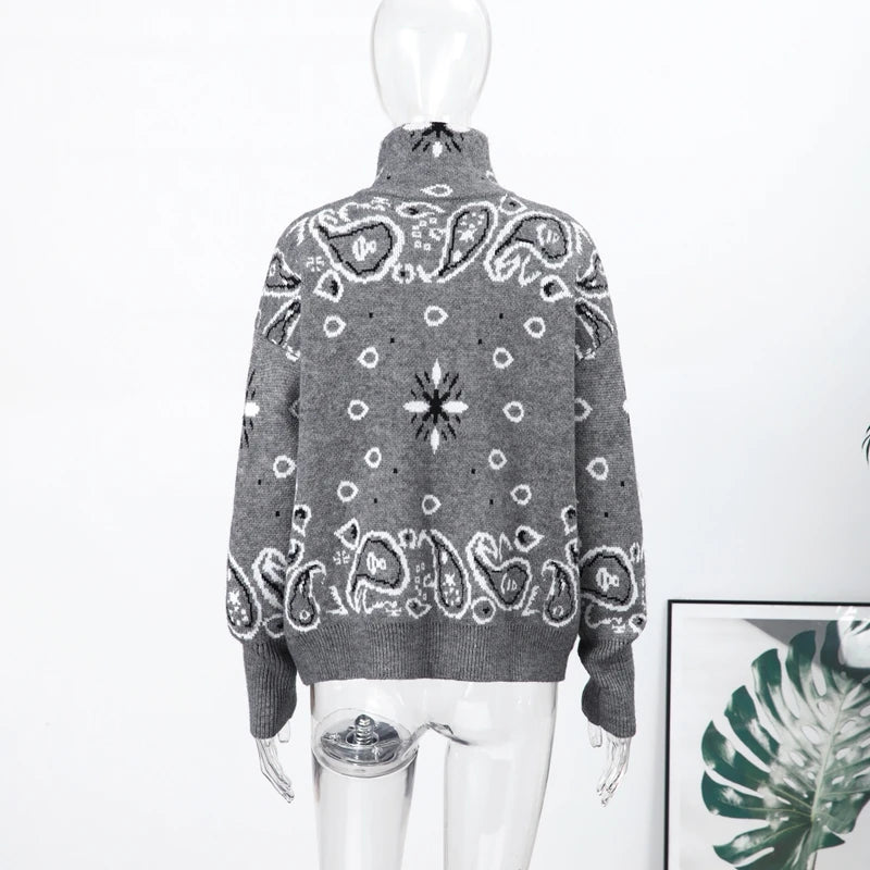 Elegant Knitted Print Women's Cardigan Loose Full Sleeve Stand Collar Zipper Sweaters Female 2026 Autumn Outwear Pockets Lady
