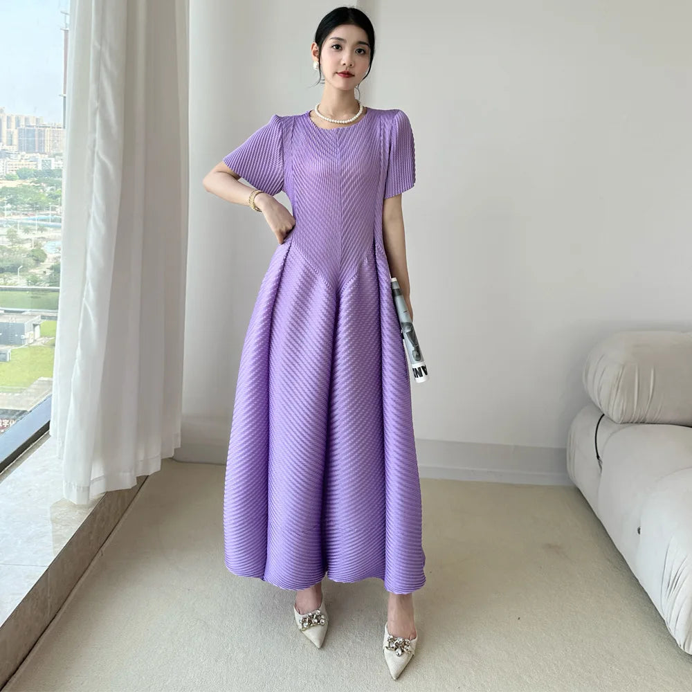 LANMREM High End Purple Pleated Women's Dress 2025 New Round Neck Short Sleeved Spliced Design Ball Gown Summer Dresses 2DB3489