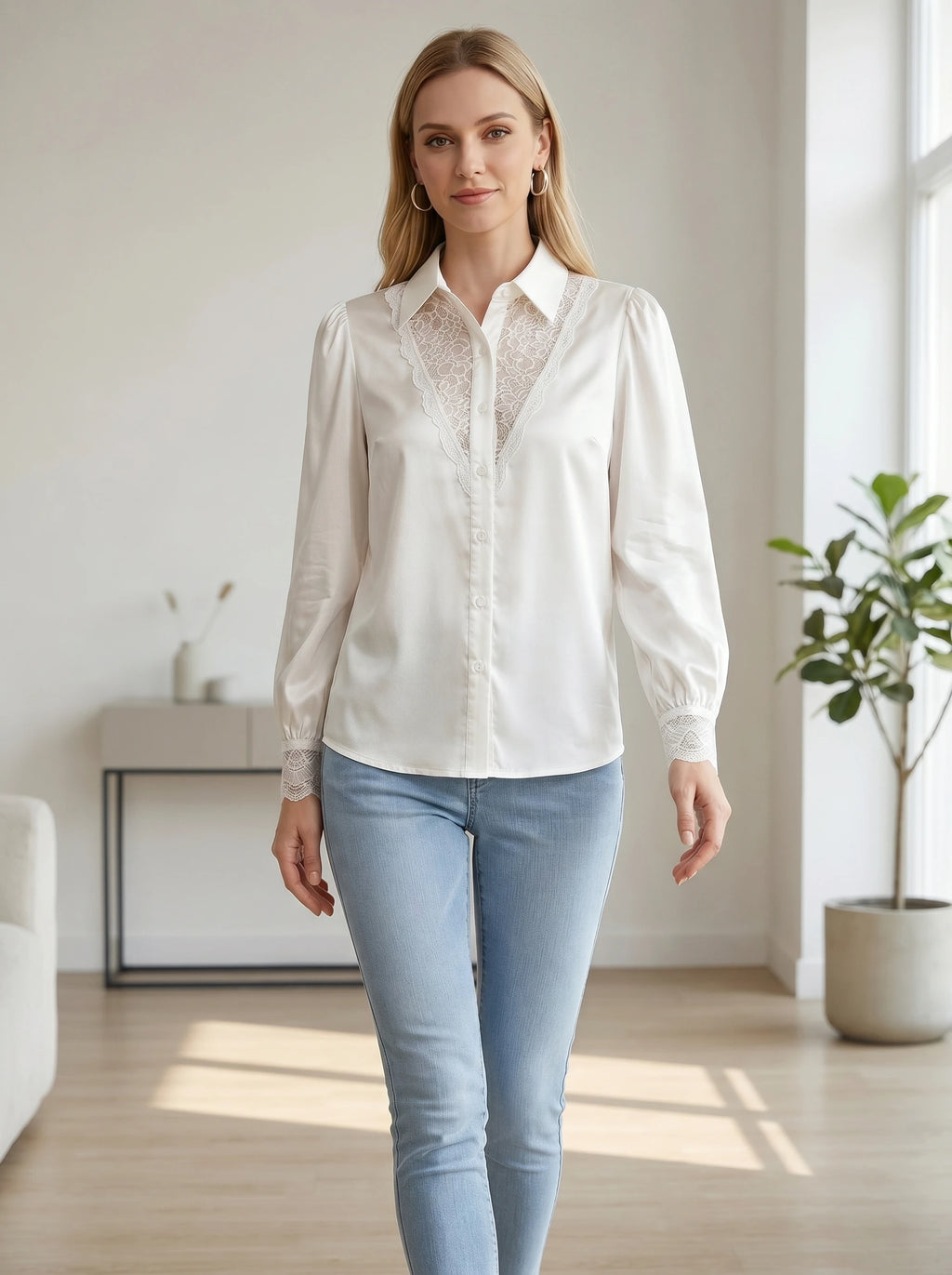 Gadinus Plus Size Women’s Satin Lace Trim Button-Up Blouse Elegant Long Sleeve Puff Cuff Shirt Regular Fit Office Chic Top