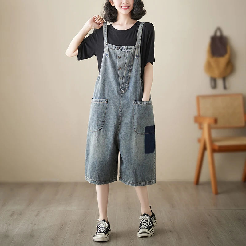plus Size Denim Overalls Women's Summer New Sle High Waist ort Jeans Straight Leg Color Blo Five-Quarter Pants