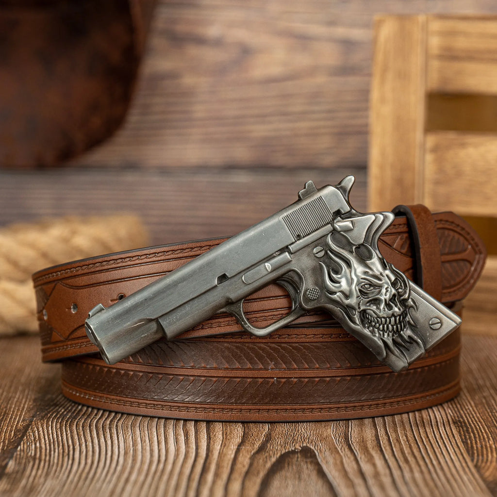 The ghost head element pistol craftsmanship large buckle striped PU embossed button personalized casual men's belt
