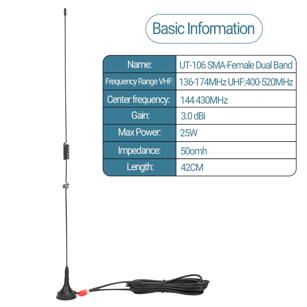 UT-106UV Car Antenna Walkie Talkie Magnetic SMA-Female VHF UHF On board Antenna for UV-5R 5RH 21 Pro Quansheng UV-K5 Ham Radio