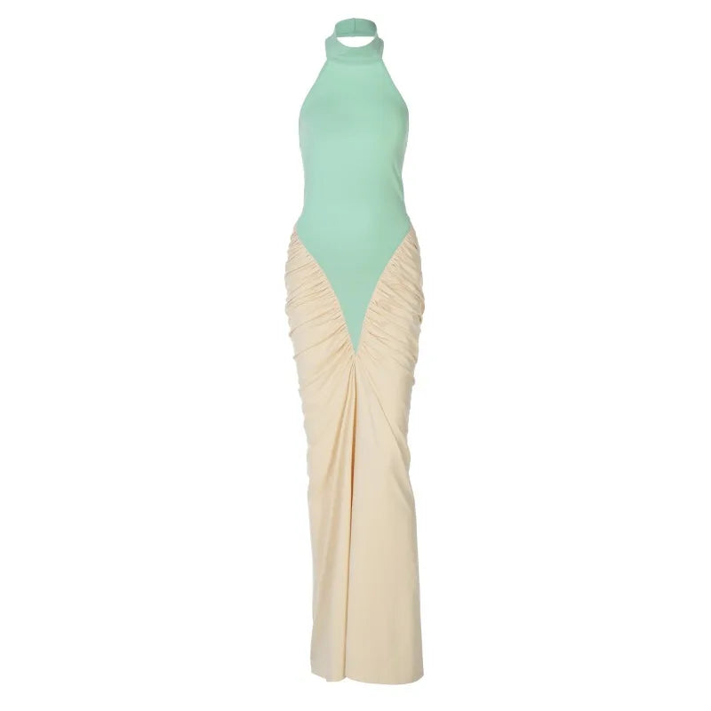 BOOFEENAA Patchwork Halter Backless Maxi Dress for Dinner Evening Gown Sexy Elegant Party Dresses for Woman Fall 2025 C15-CH41