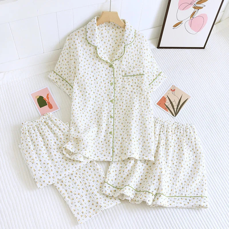 100% Gauze Cotton Summer Women Pajamas 3 Pieces Set  Female 2025 New Sleepwear Bedroom Set Short sleeved long pants + shorts