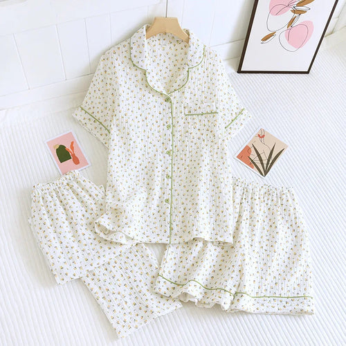 100% Gauze Cotton Summer Women Pajamas 3 Pieces Set  Female 2025 New Sleepwear Bedroom Set Short sleeved long pants + shorts
