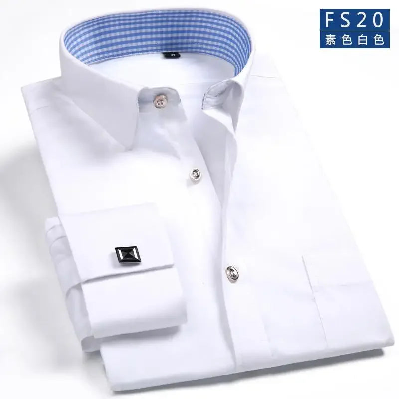 2025 Classic Regular Fit White French Cufflinks Men's Business Dress Long Sleeve Shirt Lapel Men Social Shirt
