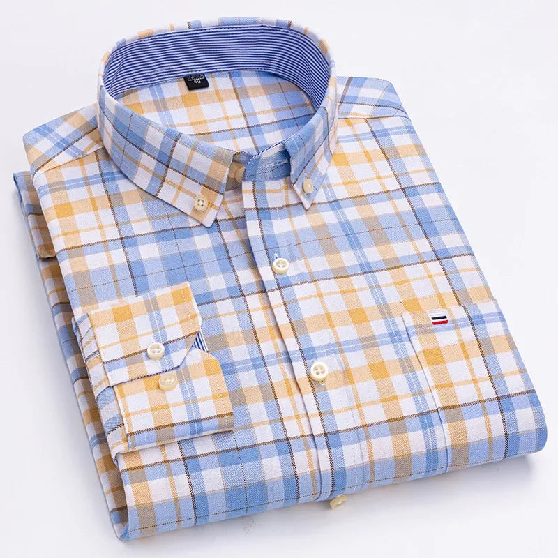 Men's 100% Cotton Smart Casual Shirt Long Sleeve Plaid Oxford Casual Solid Color Print Regular Fit Dress Shirt Oversized  6XL