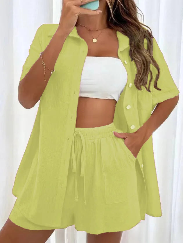 Solid Color Casual Fashion Loose Short Pants Sets For Women Elegant Summer Women's Long Sleeve Single breasted Two Pieces
