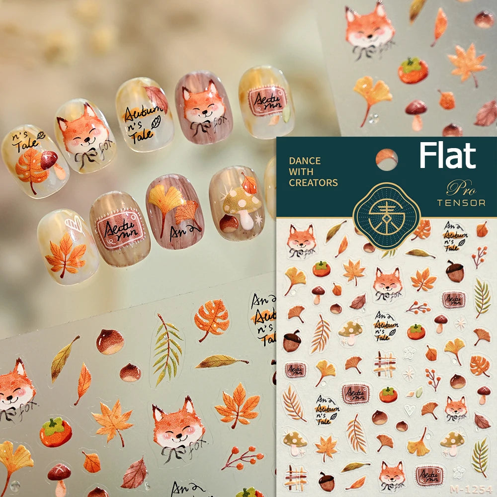 Autumn Maple Leaf Red Fox Lovely 5D Embossed Self Adhesive Nail Art Stickers Rabbit Mushroom Animals Fall Cute Manicure Decals