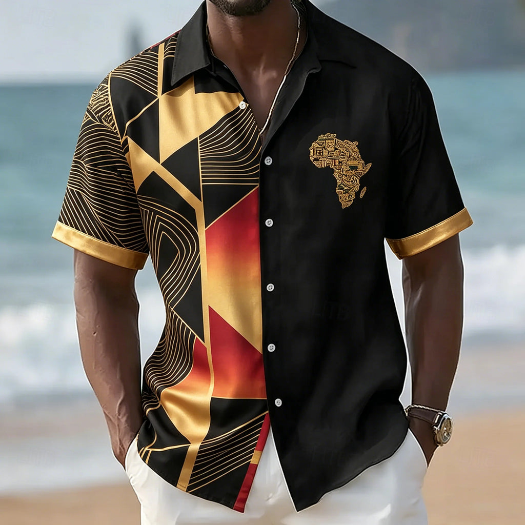 Men's African Map Mosaic Print Short Sleeve Shirt Ethnic Geometric Pattern Casual Button Down Top for Spring & Summer