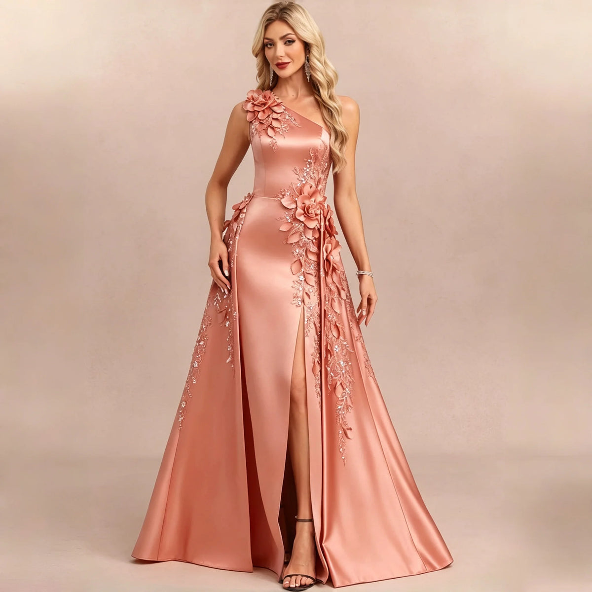 One Shoulder Satin Bridesmaid Dresses 3D Floral Applique Sequin High Slit Overskirt Formal Evening Maxi Gown Wedding Party Dress