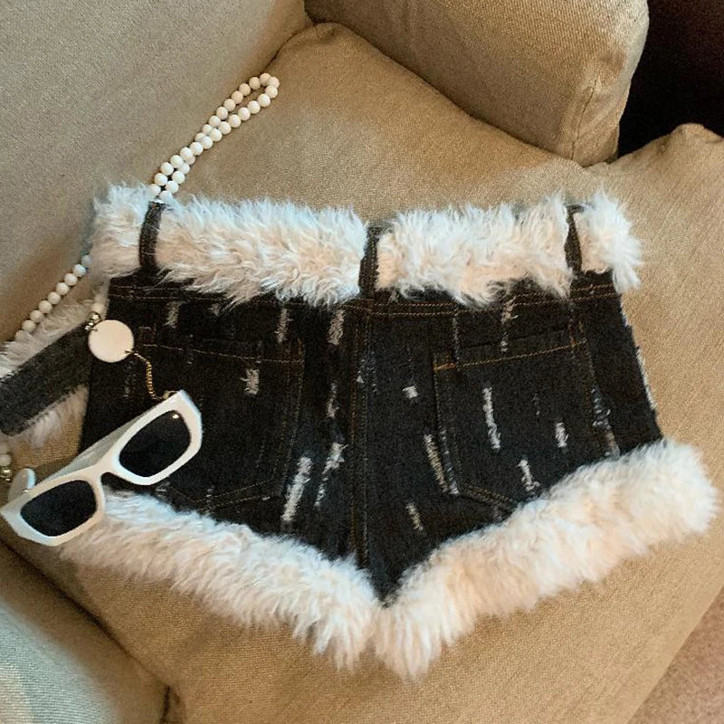 Belt Furry Denim Shorts Women 2024 New Fashion Loose Casual Pocket Sexy Shorts Denim Shorts Female Short Pants Zipper Jeans